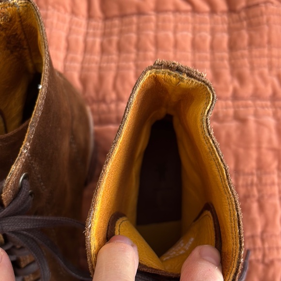 Frye Sabrina 6G Tan Suede/Leather Lace Up Wood Heeled Combat Moto Ankle Booties - Picture 11 of 12